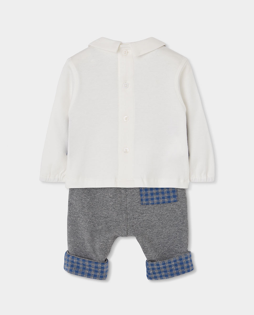 Conjunto de Malha para Bebé de Manga Comprida com Gola Tipo Camisa Azul / Branco-2