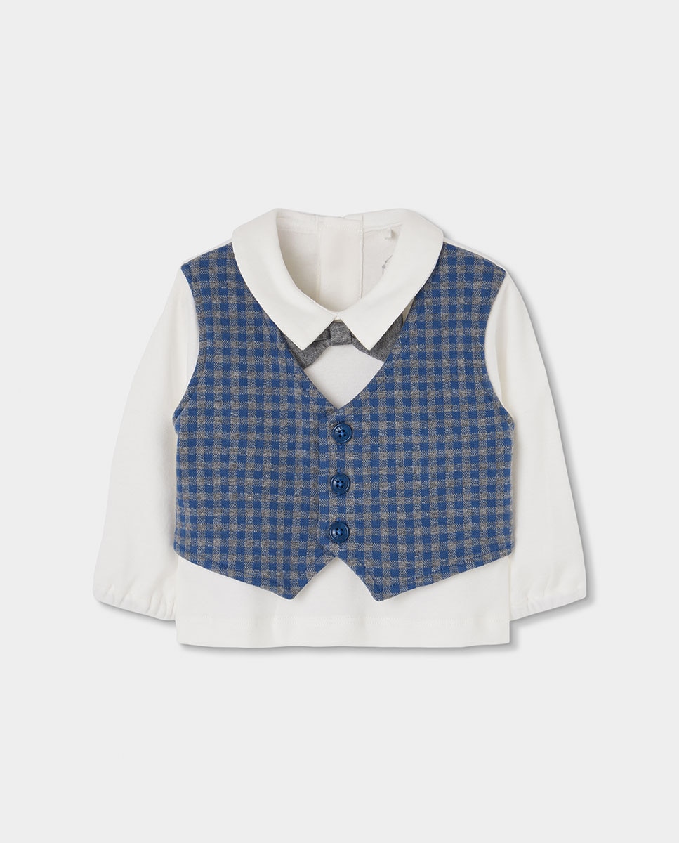 Conjunto de Malha para Bebé de Manga Comprida com Gola Tipo Camisa Azul / Branco-3