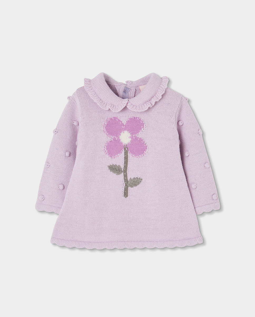Casaco de Malha para Bebé de Manga Comprida com Gola Redonda Rosa / Branco-1