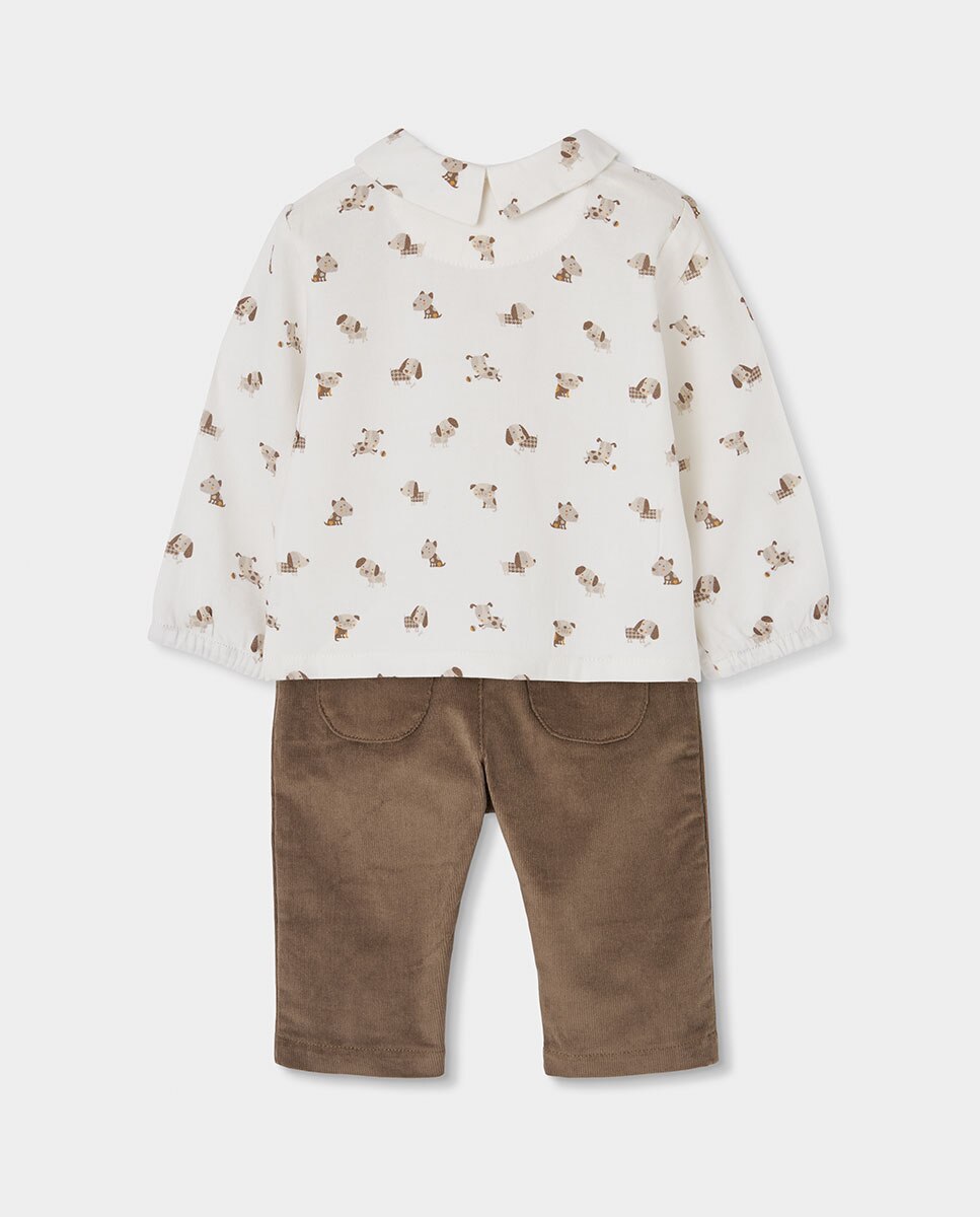 Conjunto de Malha para Bebé de Algodão Aos Quadrados Branco / Carvalho-2