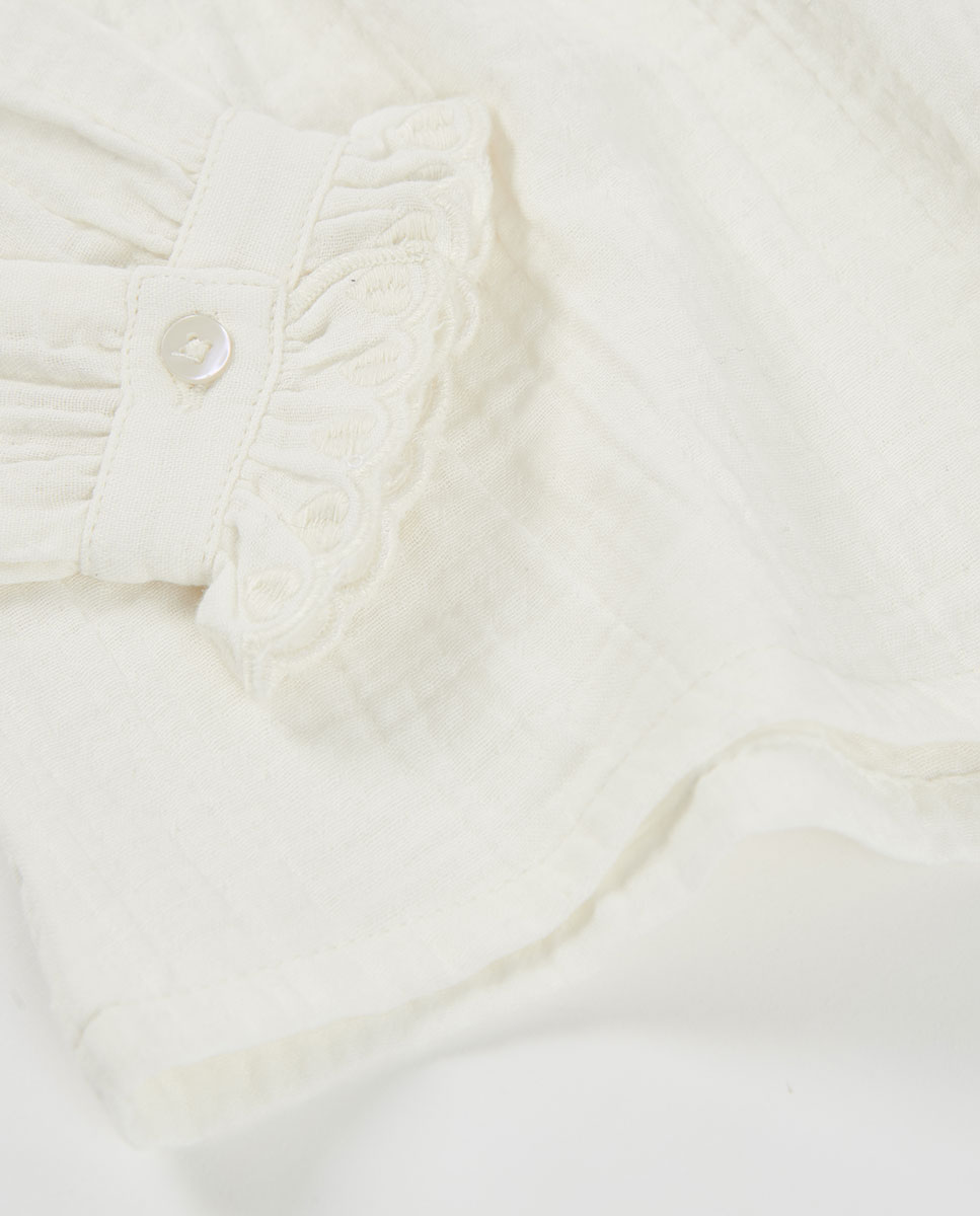 Blusa de Muselina Infantil em Algodão de Manga Comprida com Gola Semicisne Branco-5