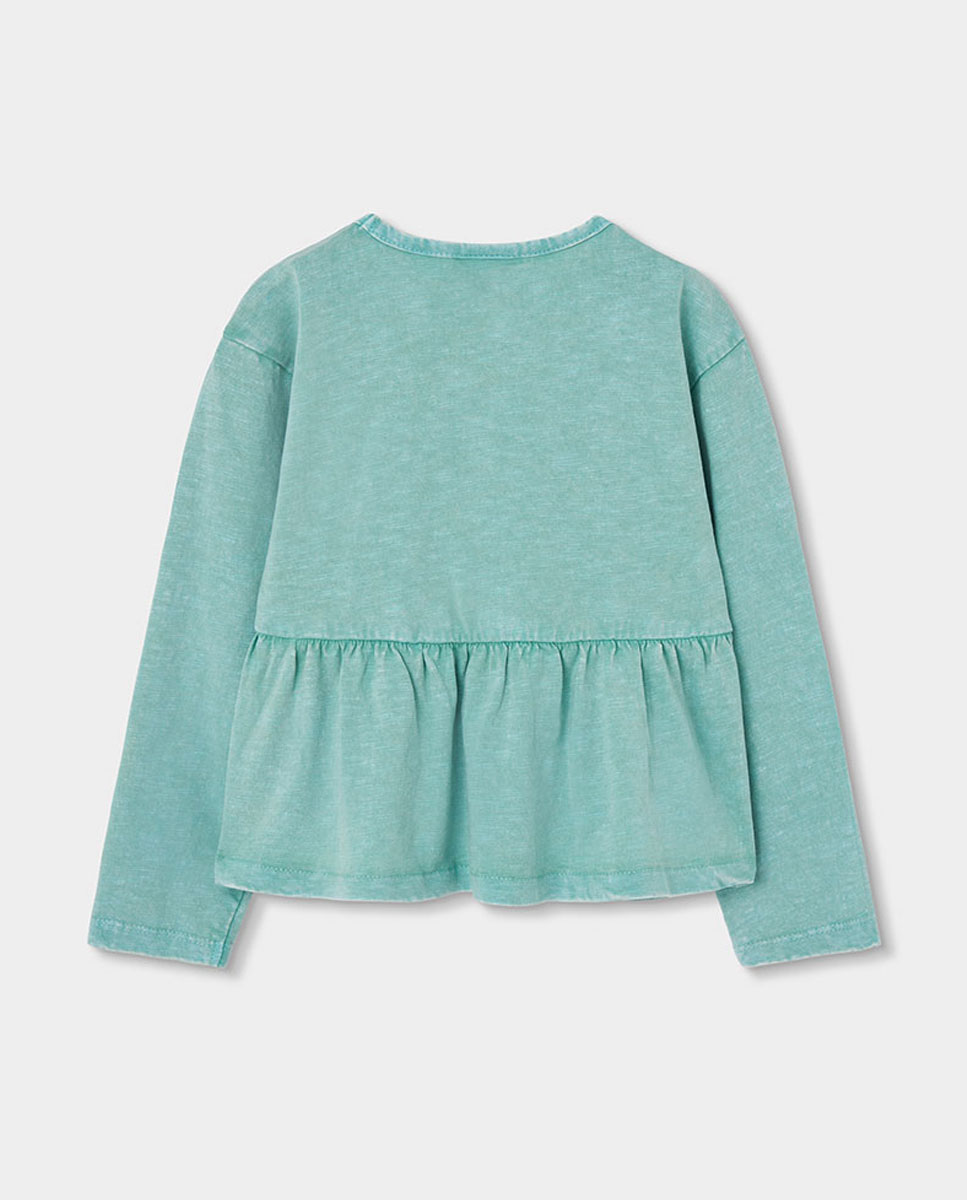 T-shirt de Algodão Infantil de Manga Comprida com Gola Redonda Verde-2