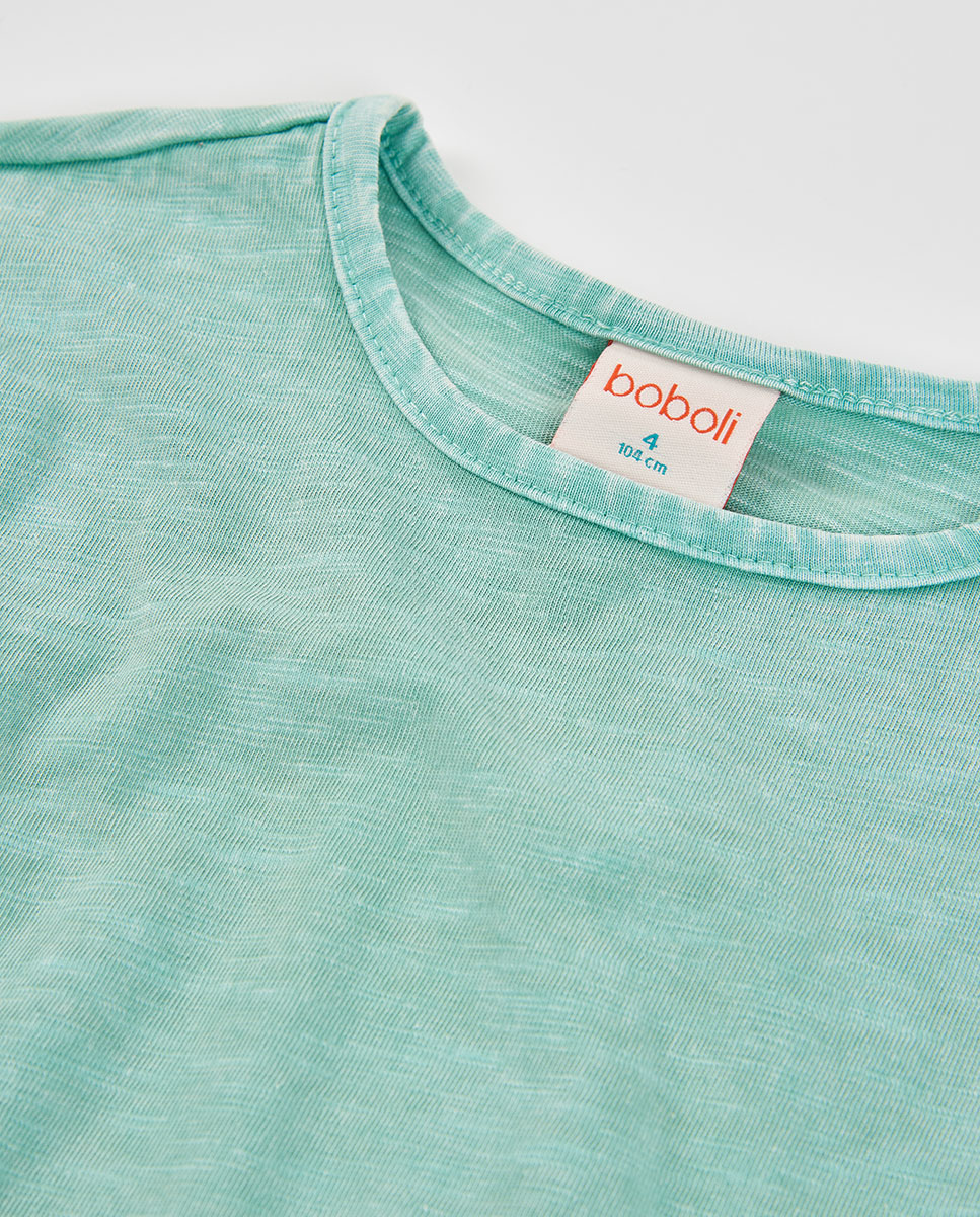 T-shirt de Algodão Infantil de Manga Comprida com Gola Redonda Verde-3