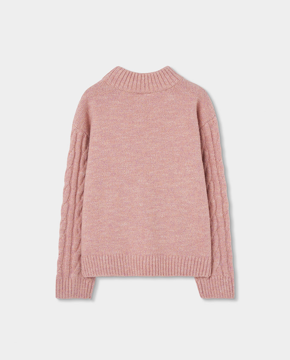 Camisola de Tricô Infantil de Manga Comprida com Gola Semicisne Rosa-2