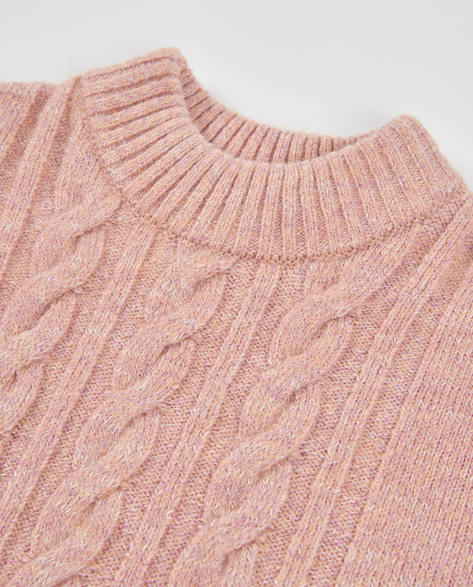 Camisola de Tricô Infantil de Manga Comprida com Gola Semicisne Rosa-3