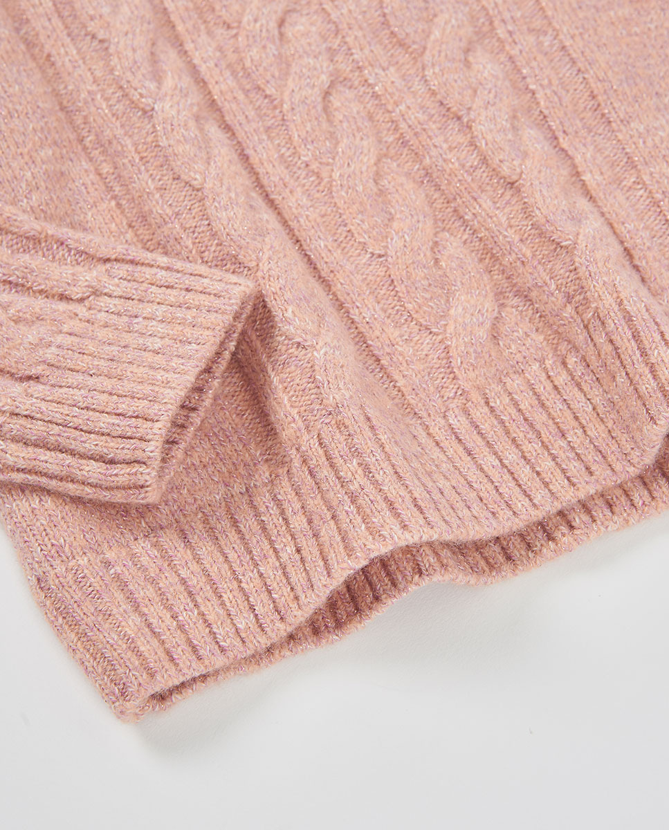Camisola de Tricô Infantil de Manga Comprida com Gola Semicisne Rosa-4