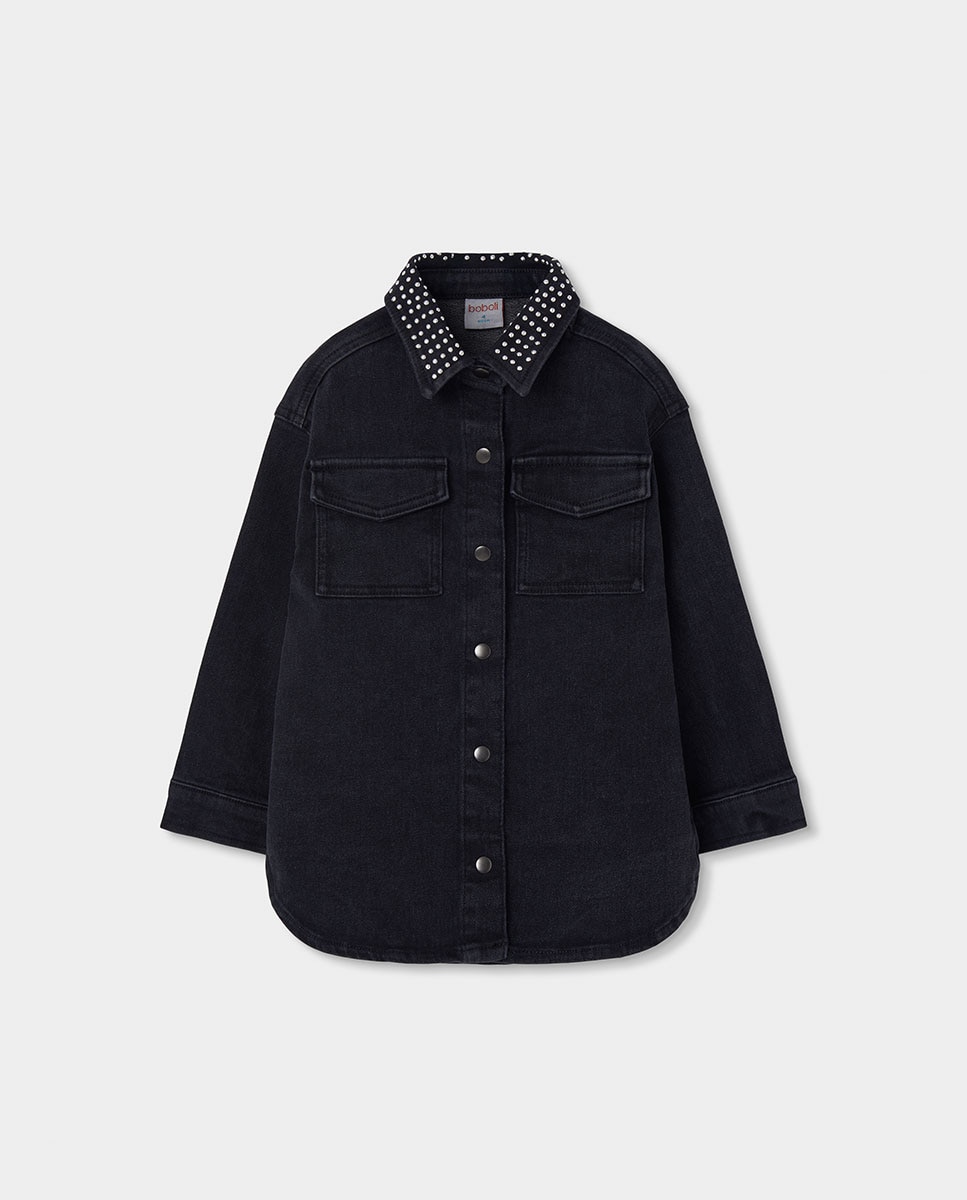 Imagem 0 de Vestido Jeans Infantil de Manga Comprida com Gola Tipo Camisa