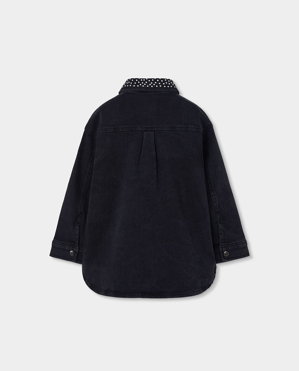 Vestido Jeans Infantil de Manga Comprida com Gola Tipo Camisa Preto / Branco-2