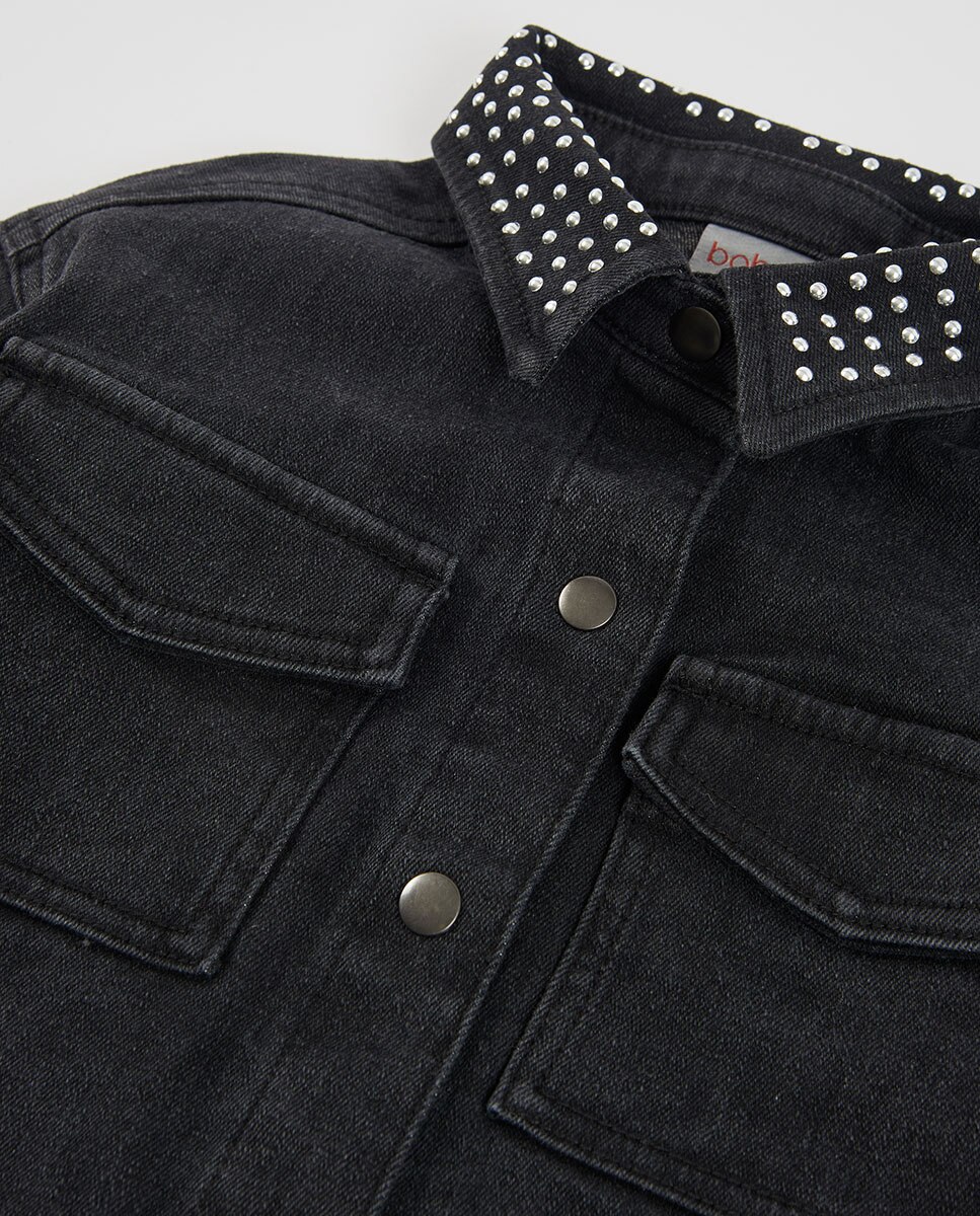 Vestido Jeans Infantil de Manga Comprida com Gola Tipo Camisa Preto / Branco-3