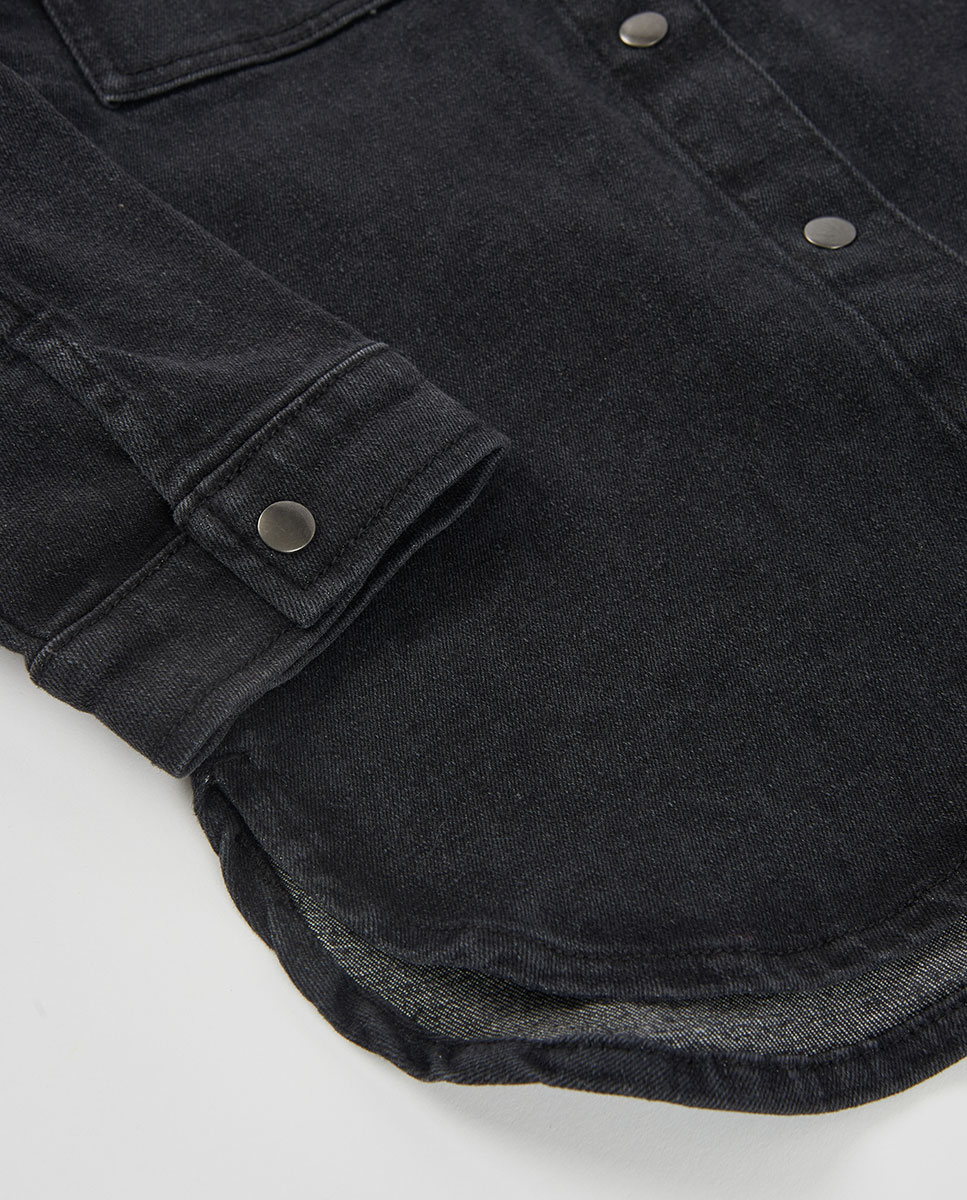 Vestido Jeans Infantil de Manga Comprida com Gola Tipo Camisa Preto / Branco-4