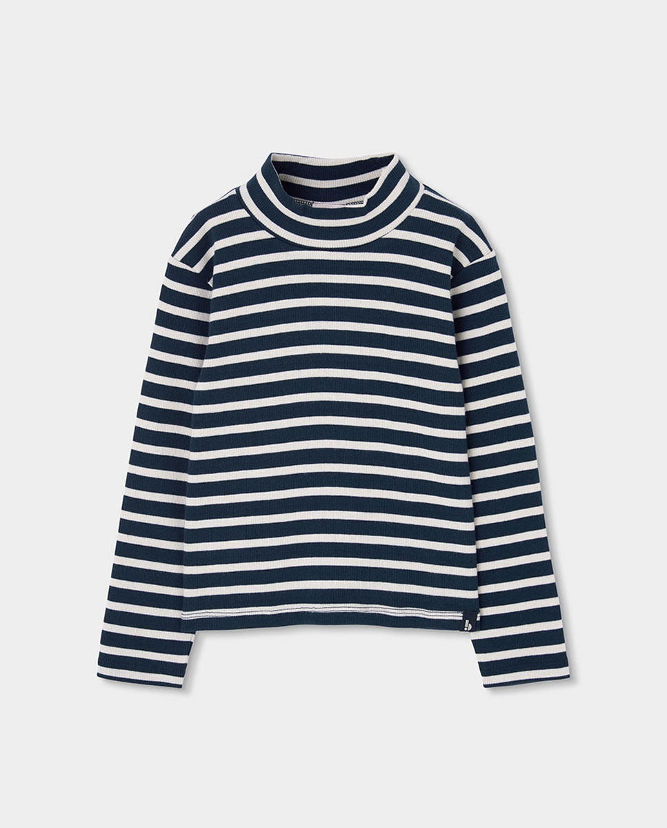 Imagem 0 de T-shirt de Manga Comprida Infantil com Estampado Às Riscas e Gola Semicisne