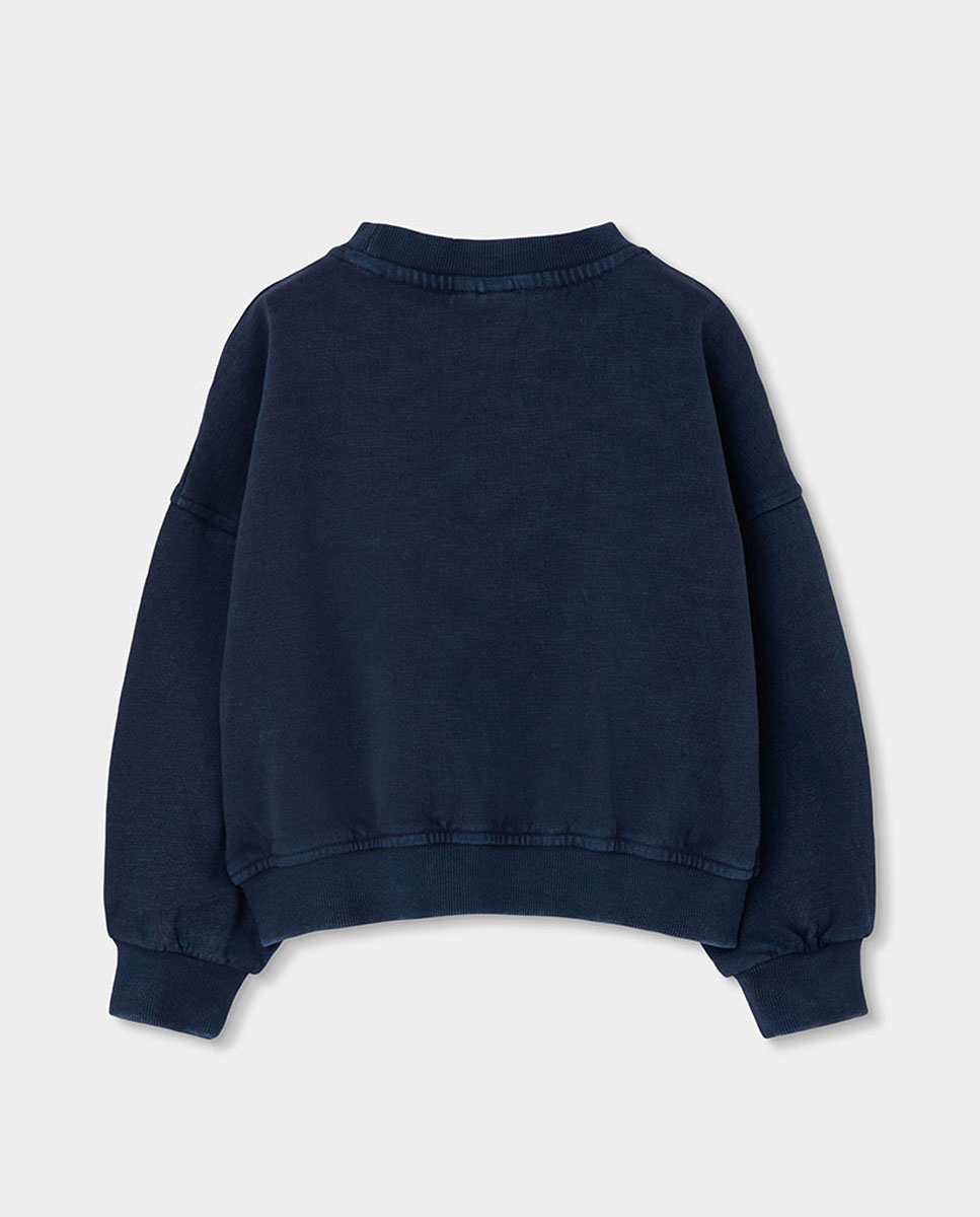 Sweatshirt de Felpa de Algodão Infantil de Manga Comprida com Gola Redonda Azul-2