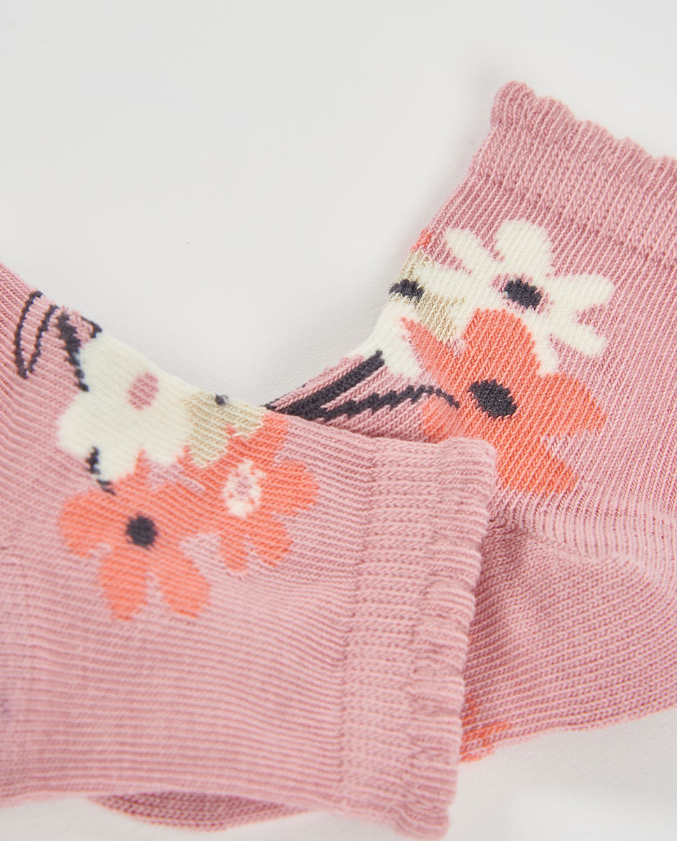 Meias Infantil com Estampado de Flores Rosa / Branco-3