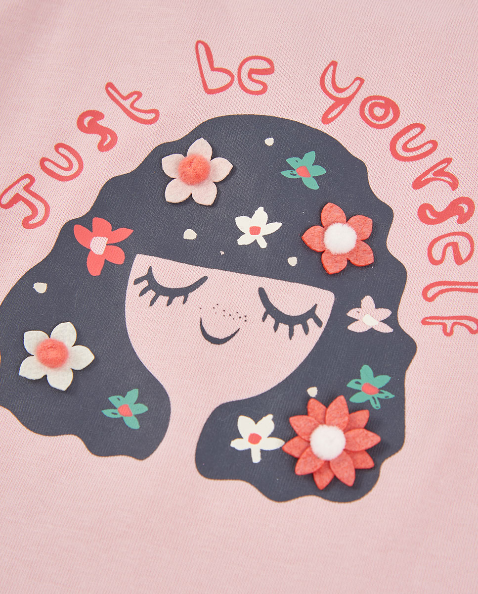 T-shirt Infantil de Algodão de Manga Comprida Rosa / Preto-3