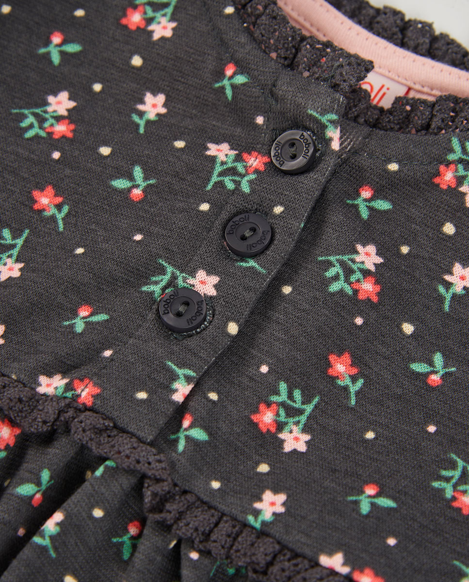 Vestido Infantil com Estampado de Flores e Manga Comprida Boboli Preto-3