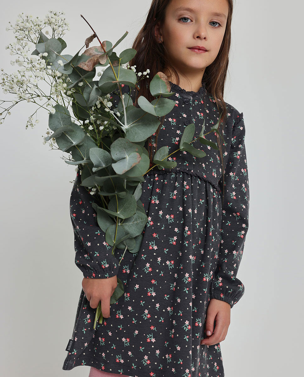 Imagem 0 de Vestido Estampado de Flores Infantil com Folhos em Cinzento-escuro