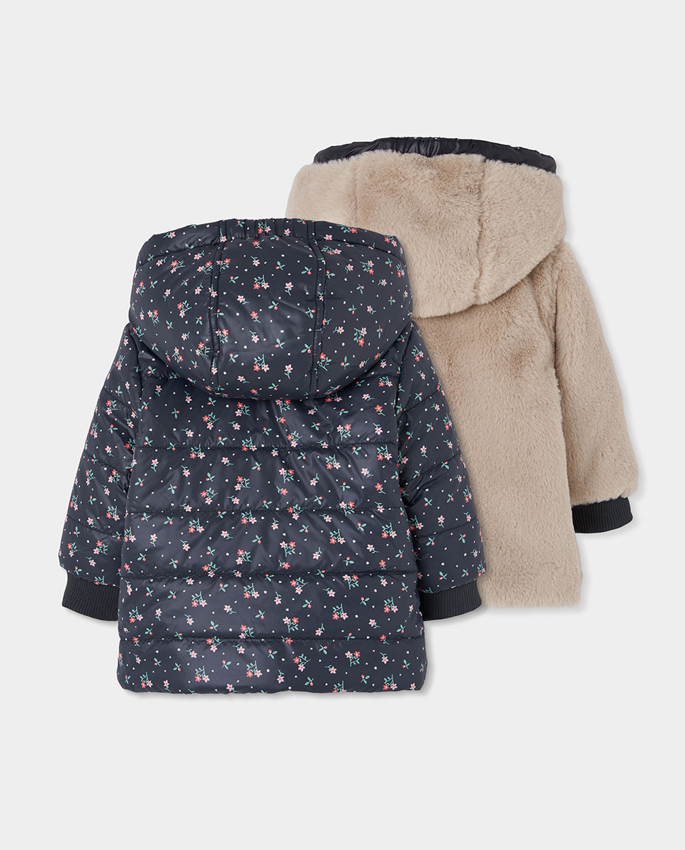 Parka Reversível Infantil com Estampado de Flores e Capuz Boboli Bege-2