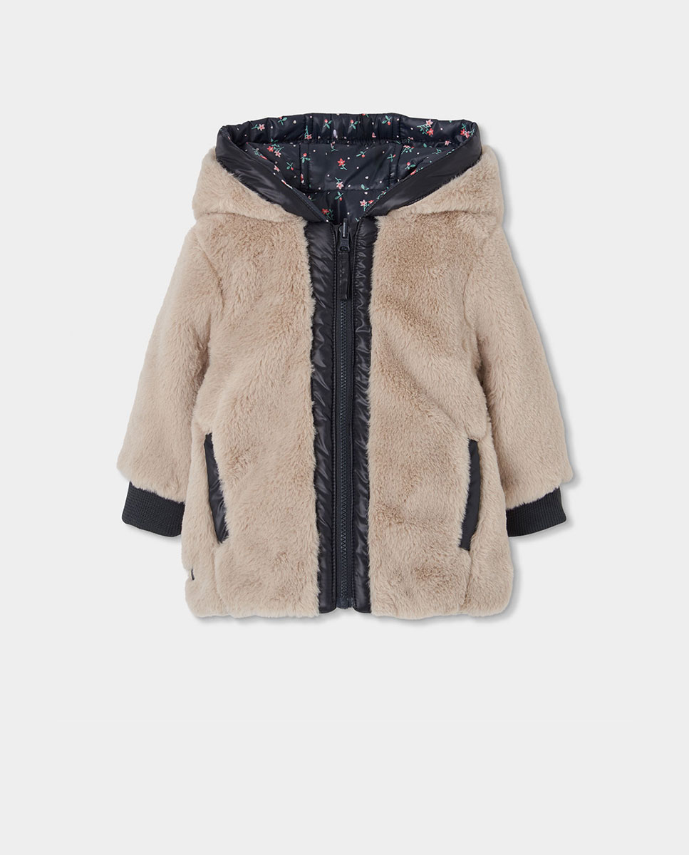 Parka Reversível Infantil com Estampado de Flores e Capuz Boboli Bege-4