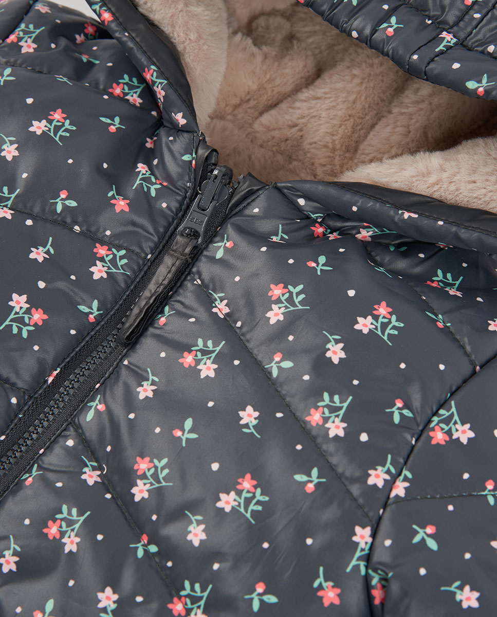 Parka Reversível Infantil com Estampado de Flores e Capuz Boboli Bege-7