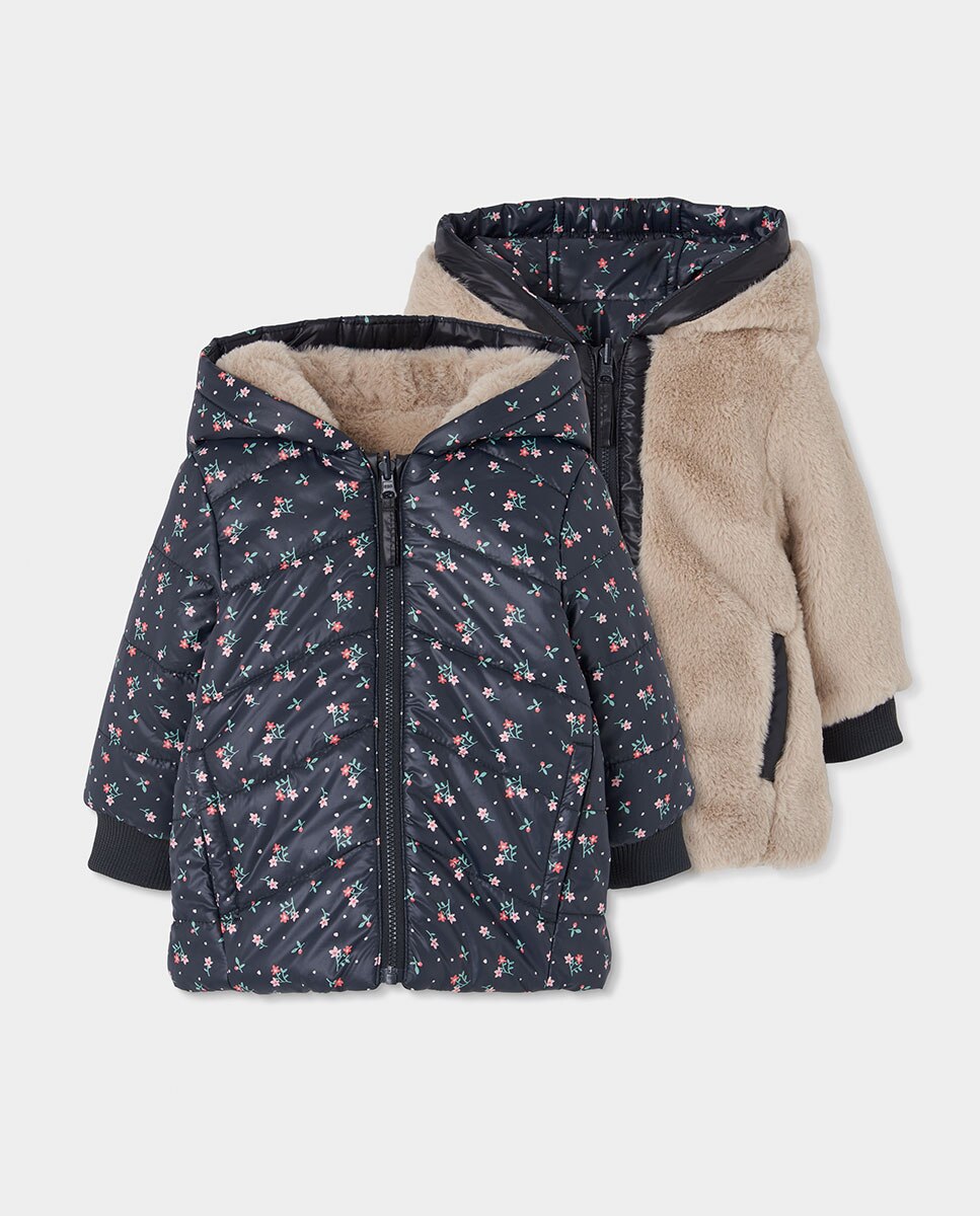 Imagem 0 de Parka Reversível com Estampado de Flores e Capuz