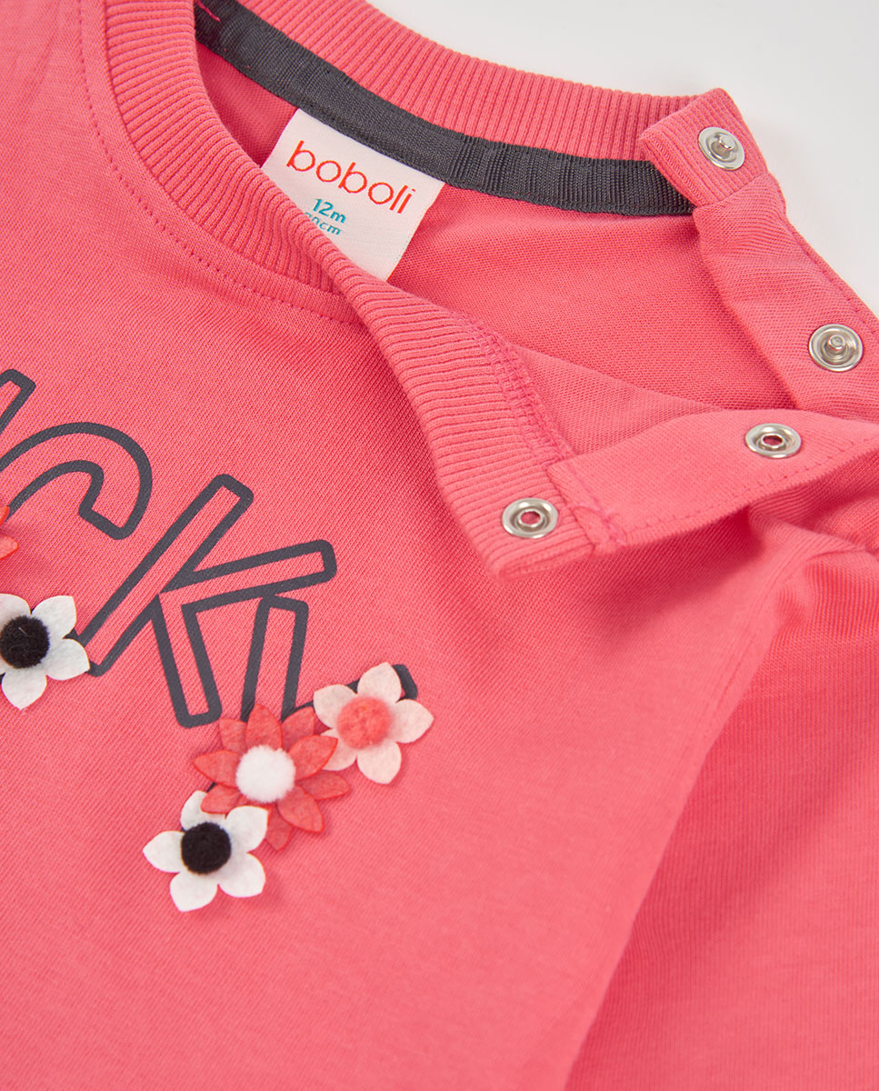 T-shirt Infantil de Algodão de Manga Comprida com Gola Redonda Rosa / Branco-3