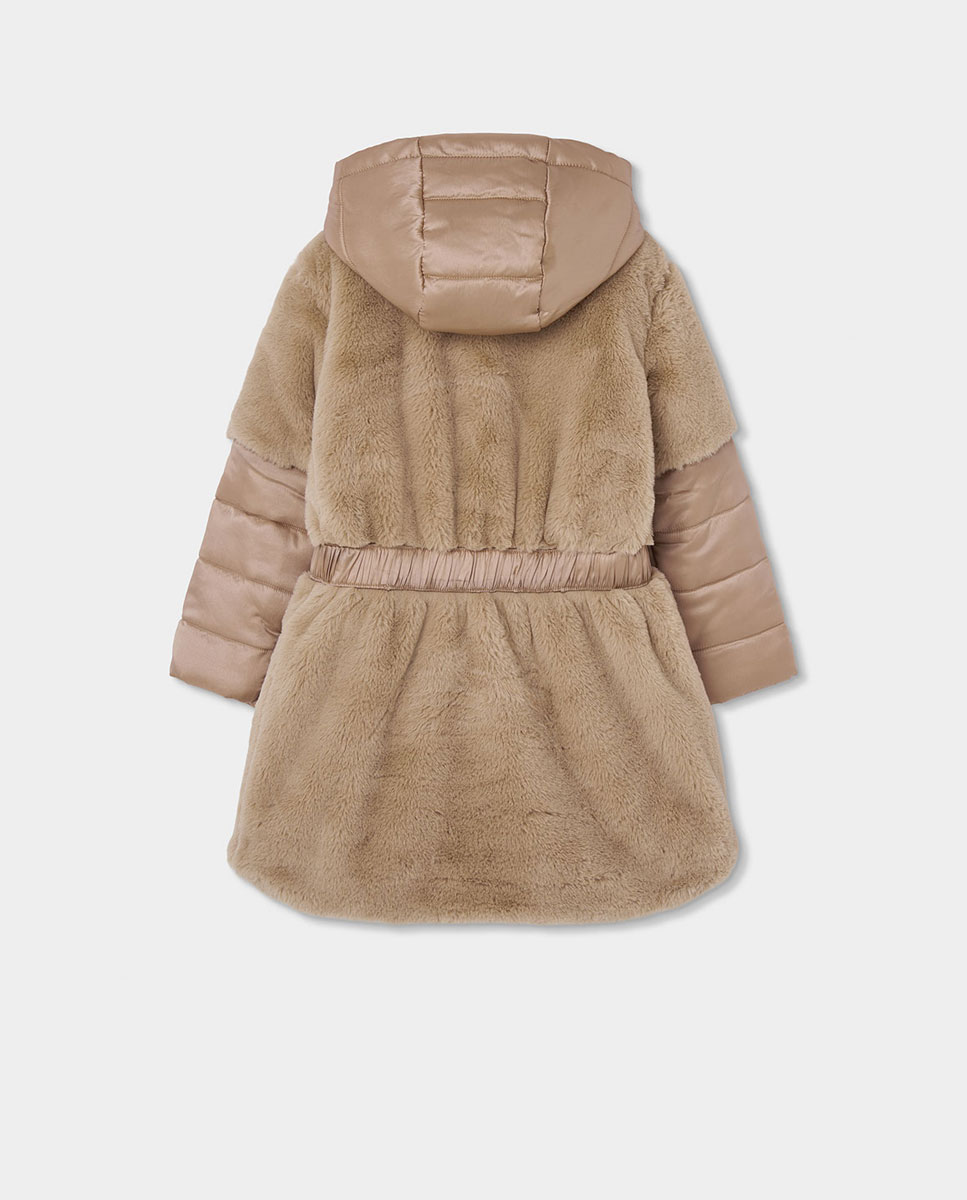 Parka Infantil com Capuz e Bolsos Frontais Bege-2