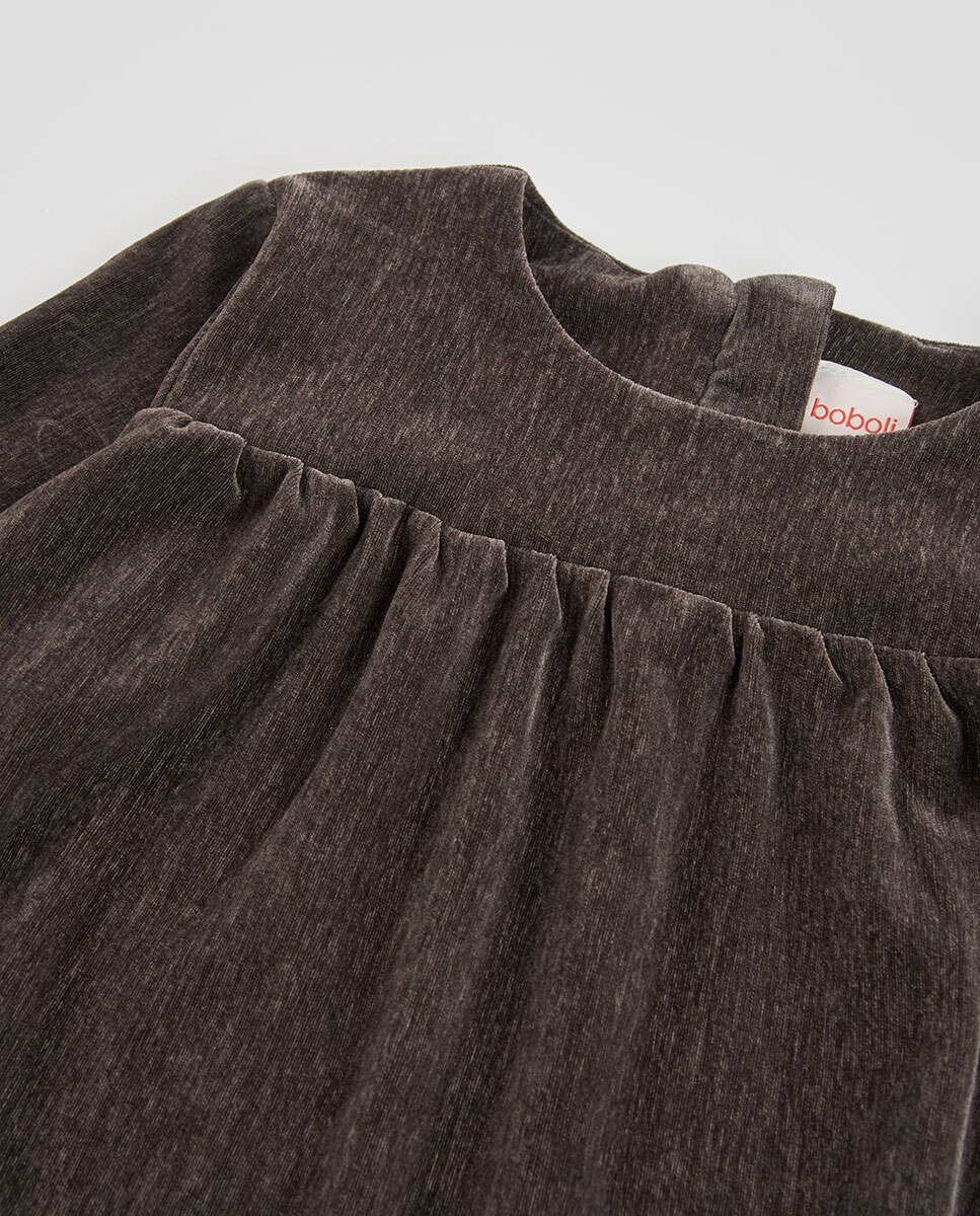 Vestido de Tricotosa Infantil de Manga Comprida com Gola Redonda Castanho-3