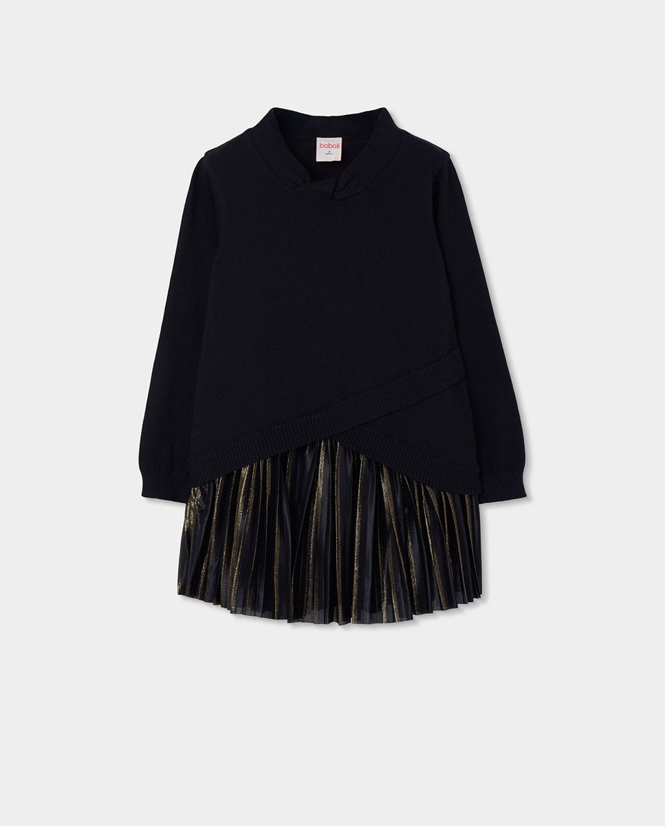 Vestido de Tricotosa Infantil de Manga Comprida com Gola Redonda Preto-1
