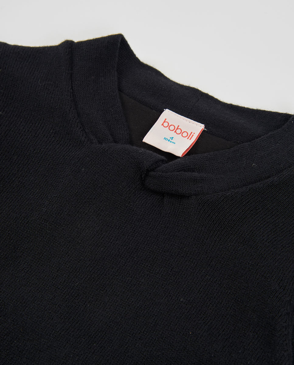 Vestido de Tricotosa Infantil de Manga Comprida com Gola Redonda Preto-3