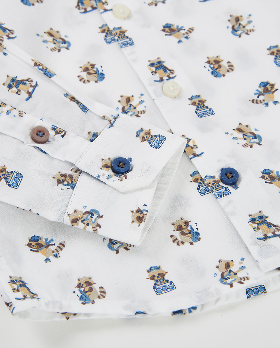 Camisa Infantil de Algodão de Manga Comprida com Gola Tipo Camisa Branco-4