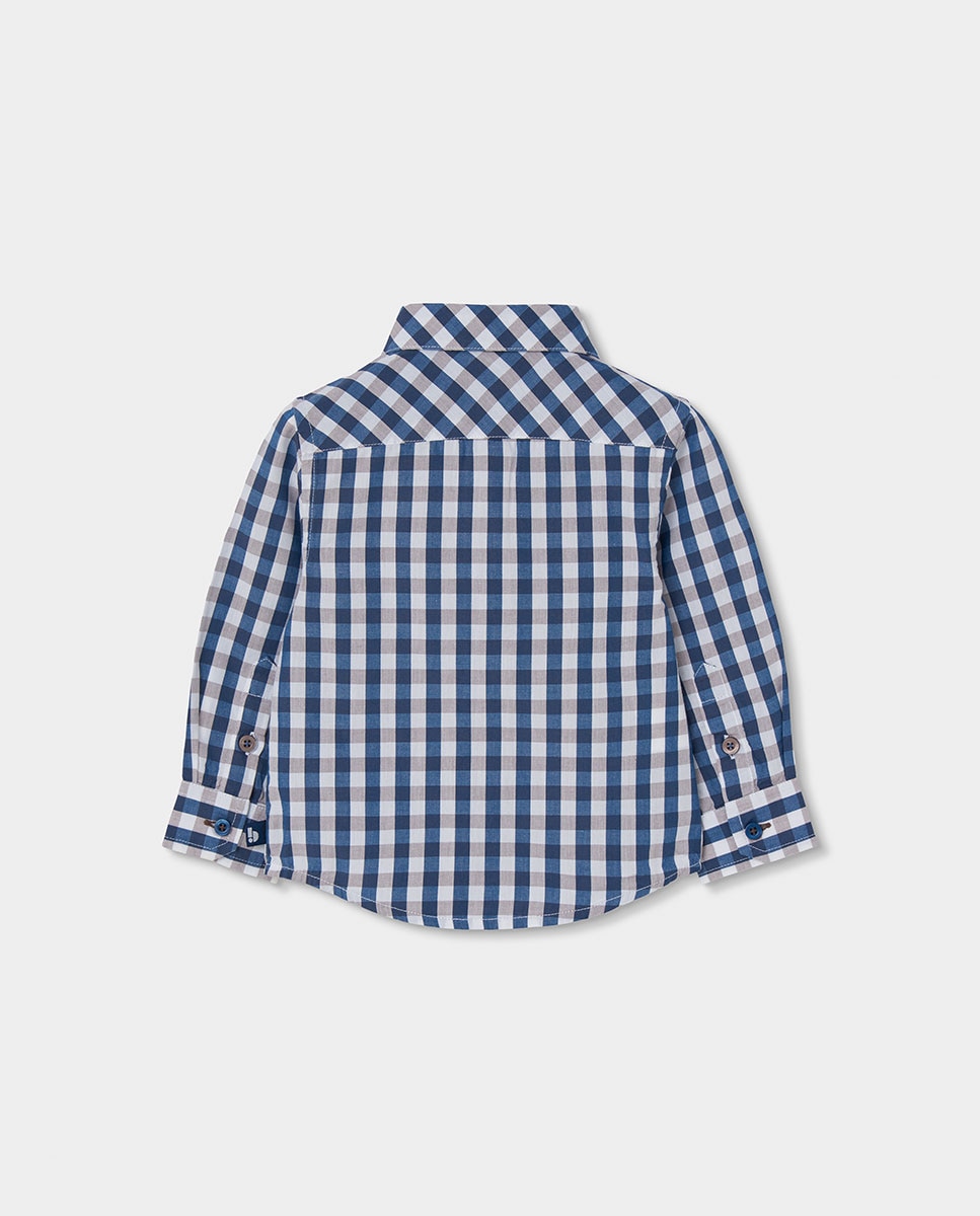 Camisa Infantil de Algodão Aos Quadrados com Manga Comprida Branco-2