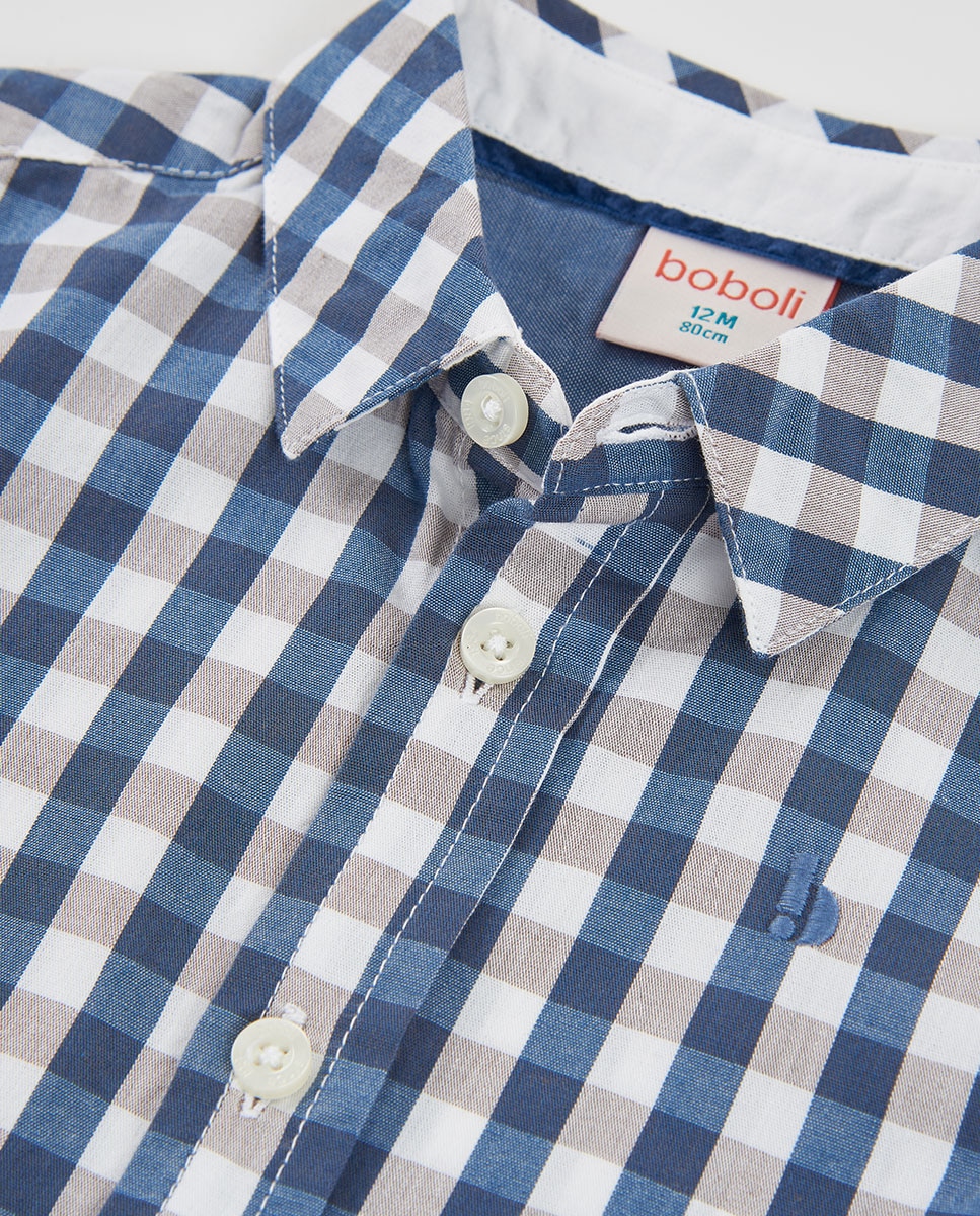 Camisa Infantil de Algodão Aos Quadrados com Manga Comprida Branco-3