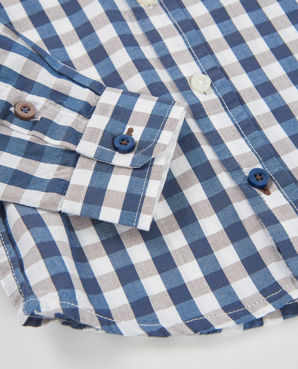 Camisa Infantil de Algodão Aos Quadrados com Manga Comprida Branco-4