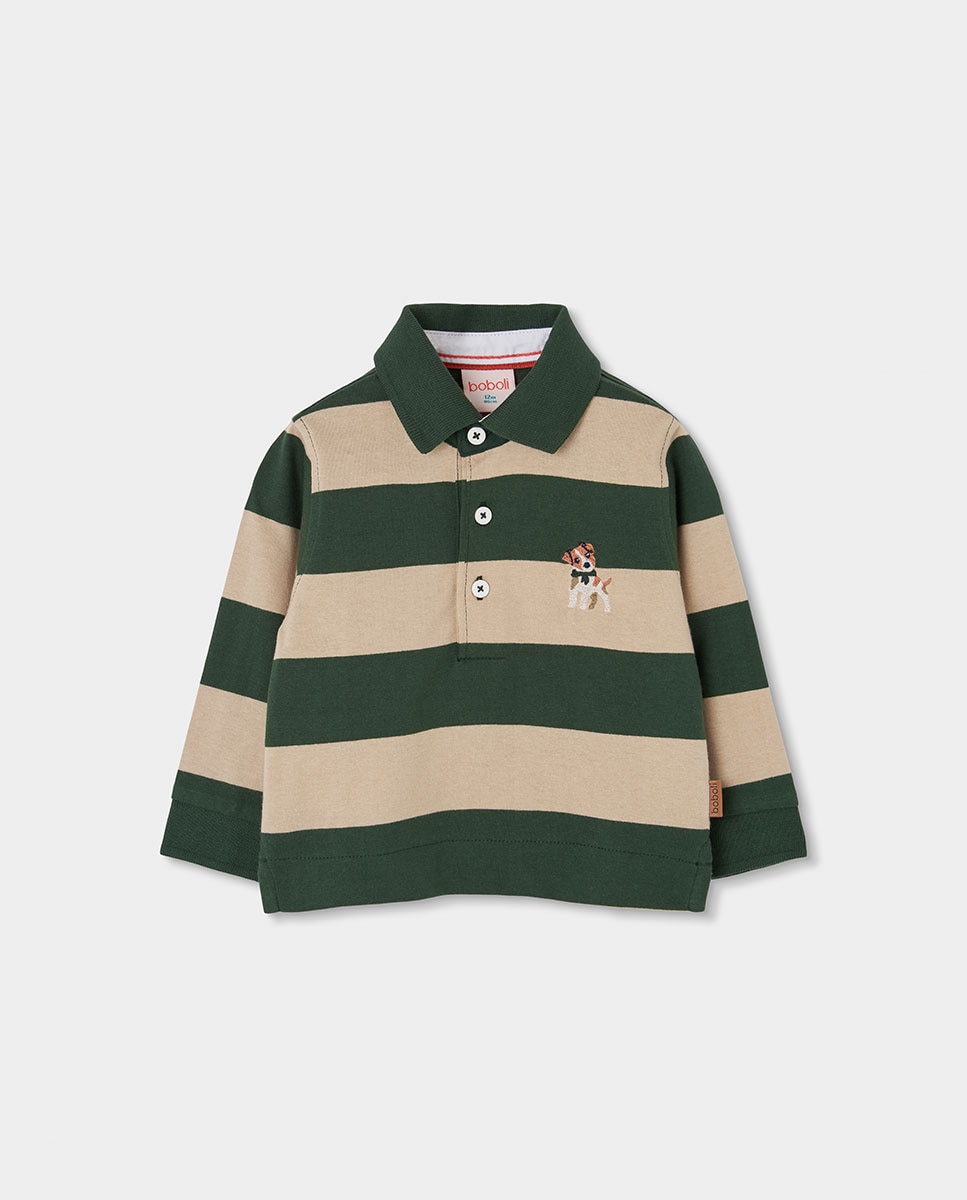 Polo Infantil de Algodão de Manga Comprida com Estampado Às Riscas Bege-1