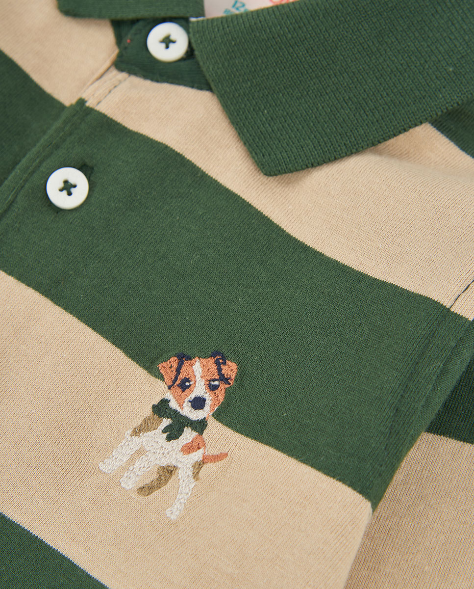 Polo Infantil de Algodão de Manga Comprida com Estampado Às Riscas Bege-3