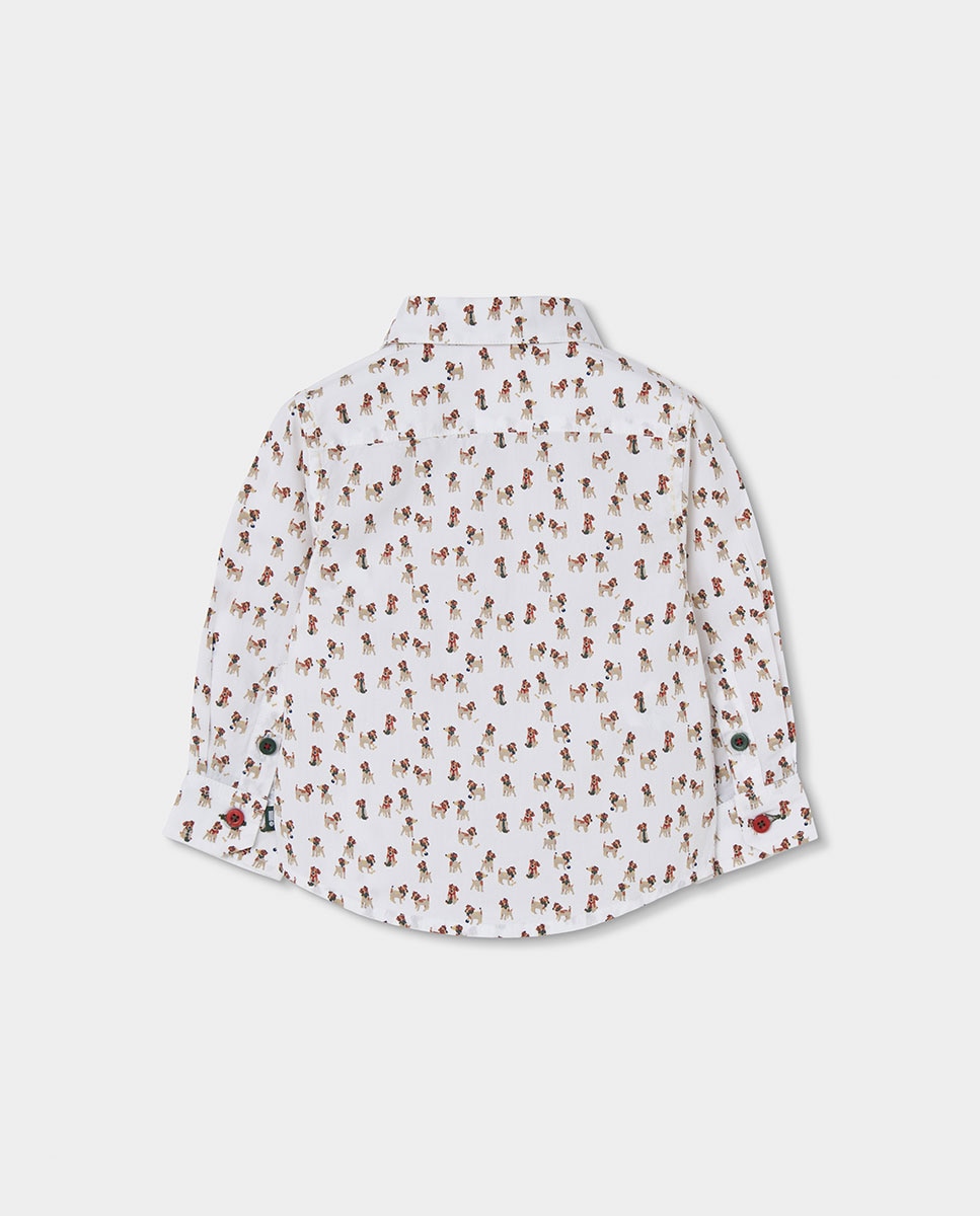 Camisa Infantil de Algodão de Manga Comprida com Gola Tipo Camisa Branco-2