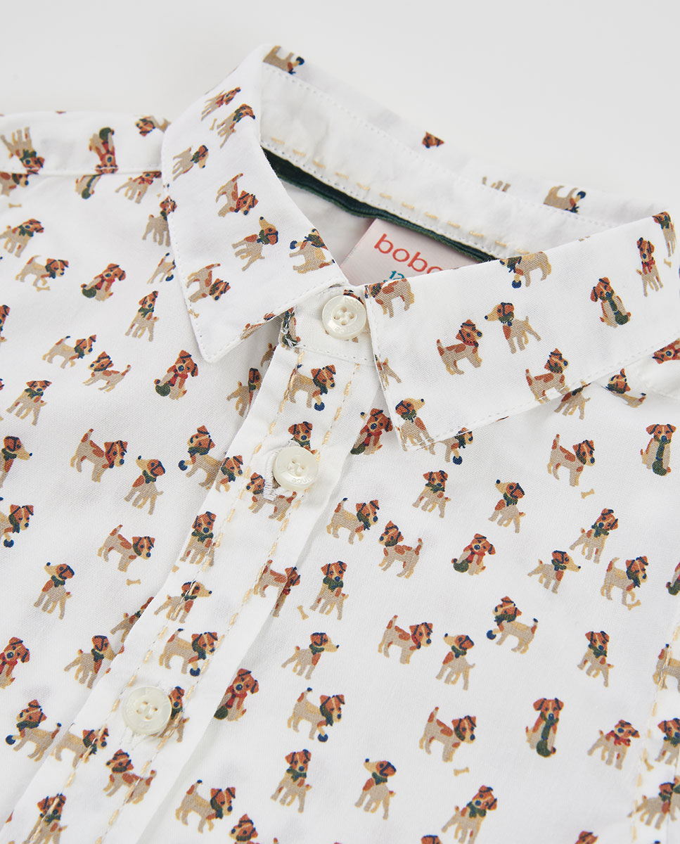Camisa Infantil de Algodão de Manga Comprida com Gola Tipo Camisa Branco-3