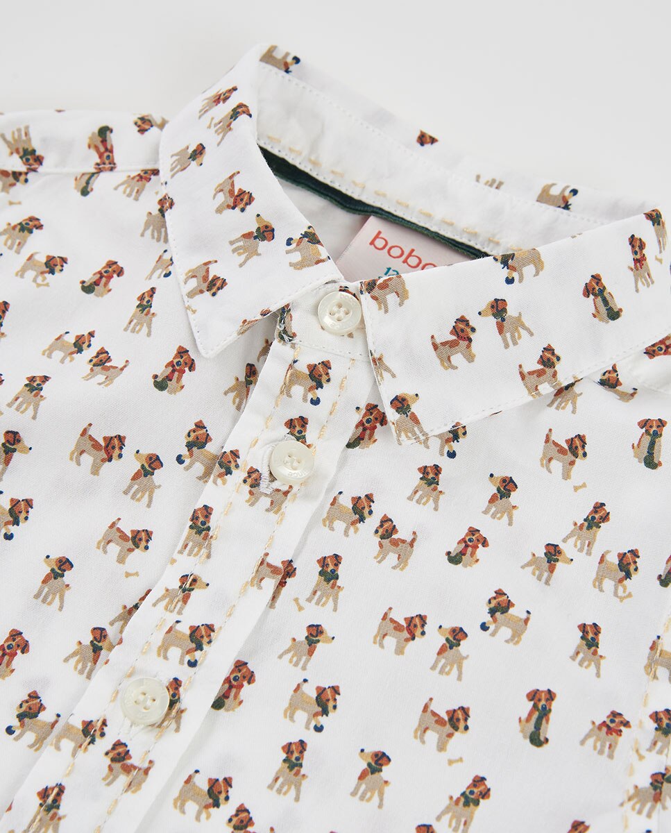 Camisa Infantil de Algodão de Manga Comprida com Gola Tipo Camisa Branco-3