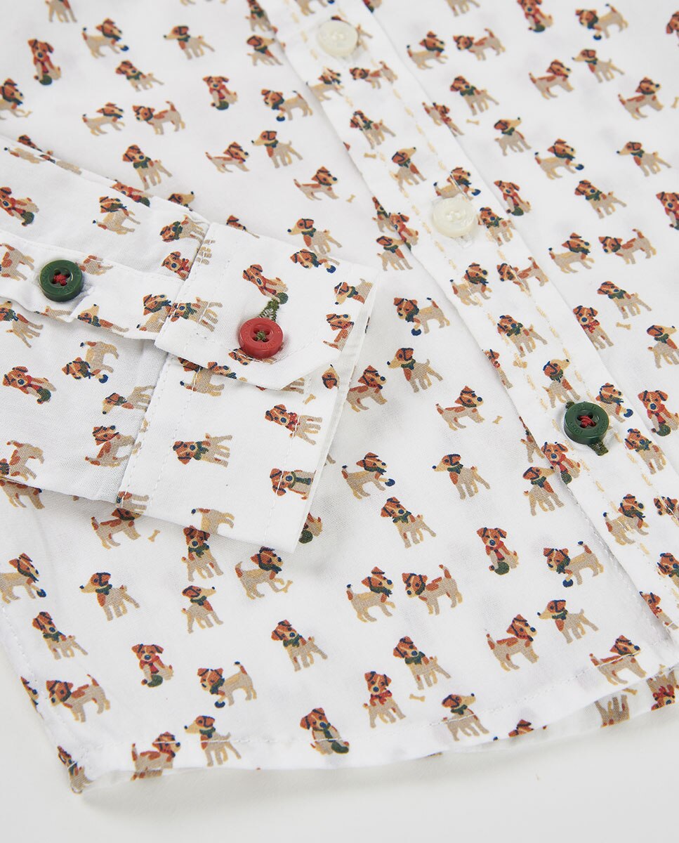 Camisa Infantil de Algodão de Manga Comprida com Gola Tipo Camisa Branco-4