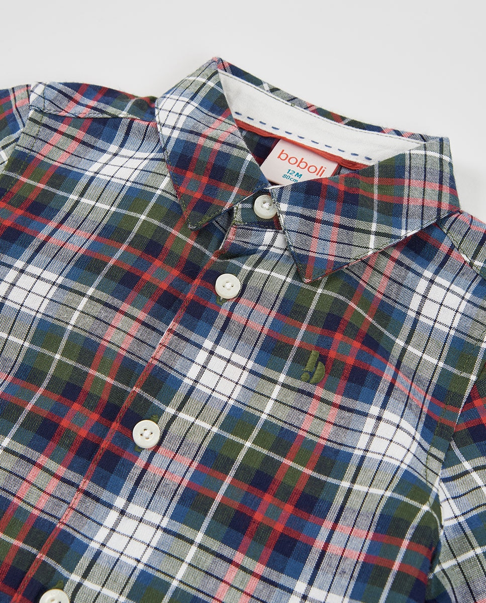 Camisa Aos Quadrados de Manga Comprida com Gola Tipo Camisa Infantil Branco / Vermelho-3