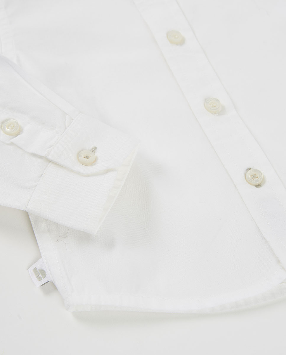 Camisa Infantil de Algodão de Manga Comprida com Gola Tipo Camisa Branco-4