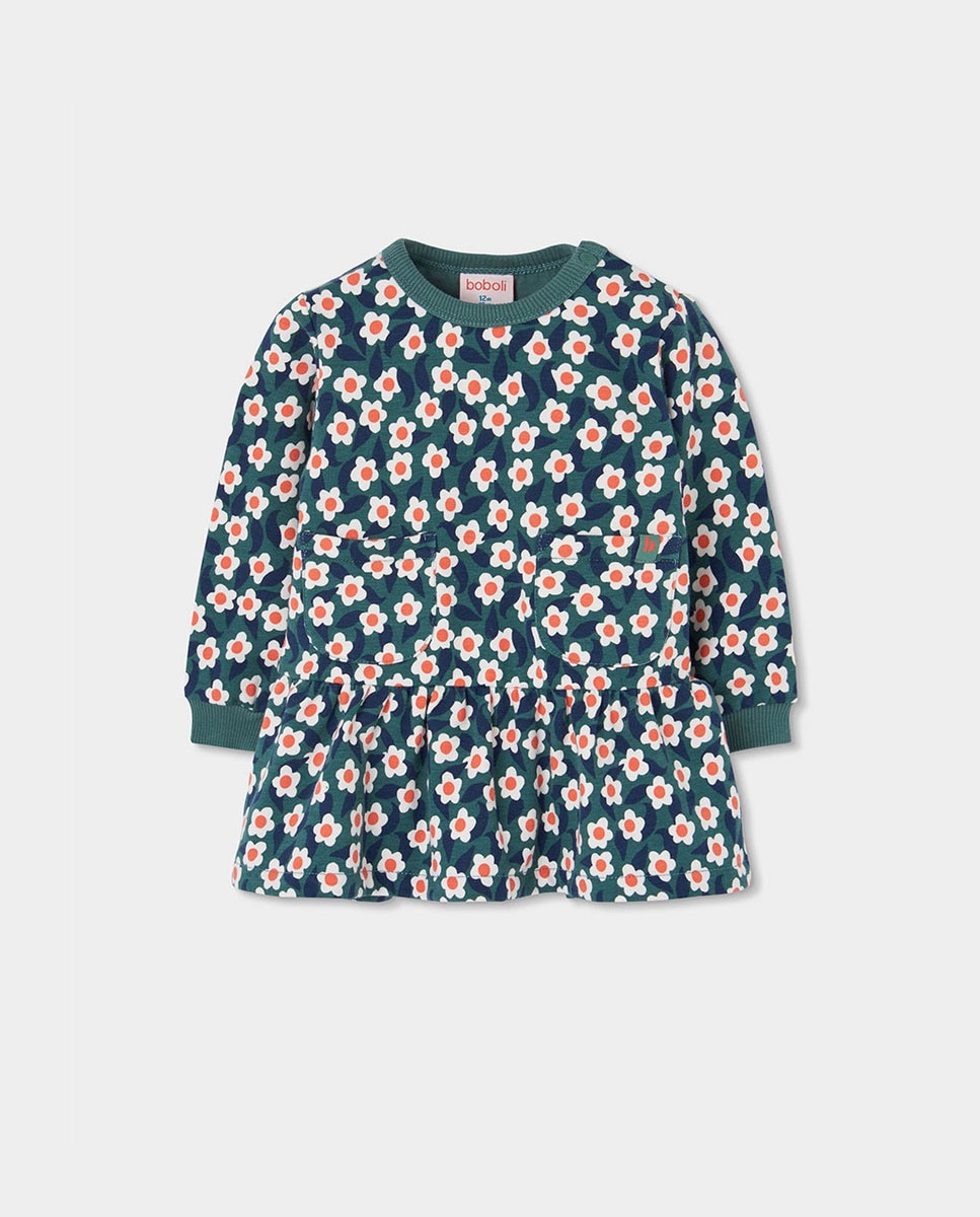 Vestido de Felpa Infantil com Estampado de Flores e Manga Comprida Antracite / Branco-1