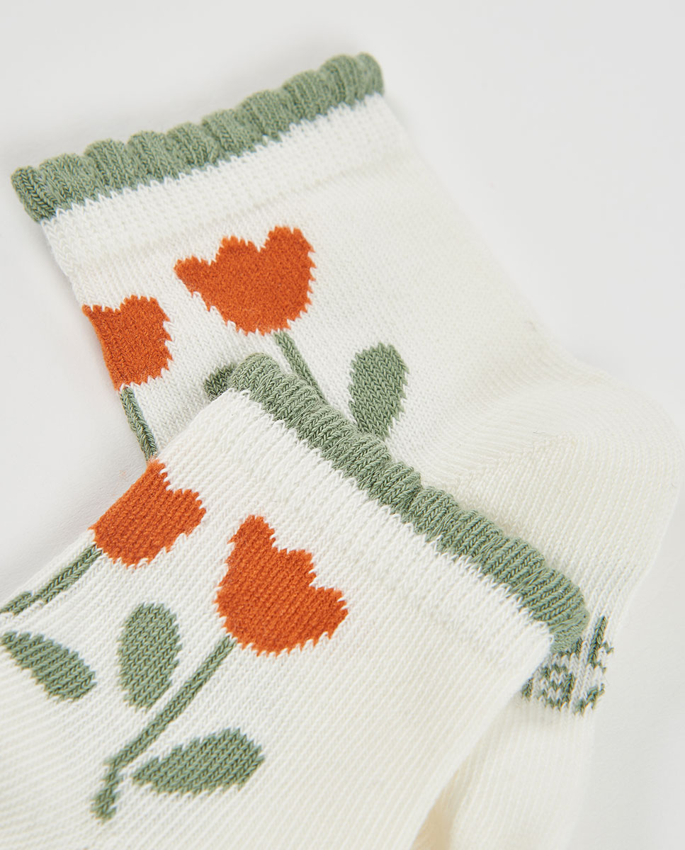 Meias Infantil com Estampado de Flores Multicolor-3