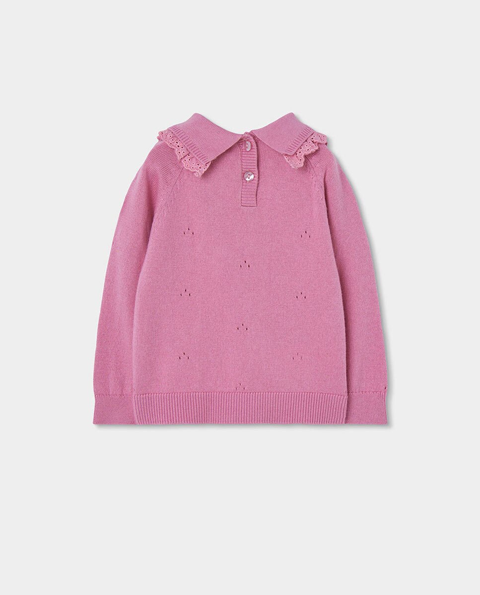Camisola de Malha Infantil de Manga Comprida com Gola Tipo Camisa Rosa / Branco-2
