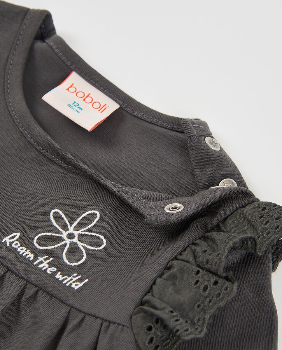 Vestido de Felpa de Algodão Infantil de Manga Comprida com Gola Redonda Preto / Branco-3