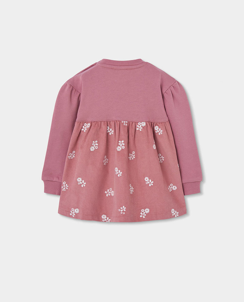 Vestido de Felpa de Algodão Infantil de Manga Comprida com Gola Redonda Branco / Rosa-2
