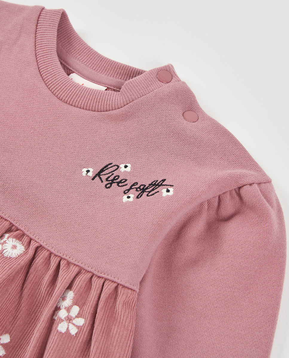 Vestido de Felpa de Algodão Infantil de Manga Comprida com Gola Redonda Branco / Rosa-3
