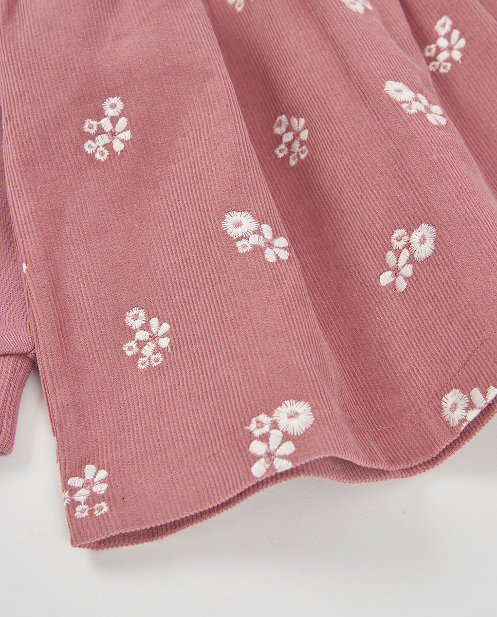 Vestido de Felpa de Algodão Infantil de Manga Comprida com Gola Redonda Branco / Rosa-4