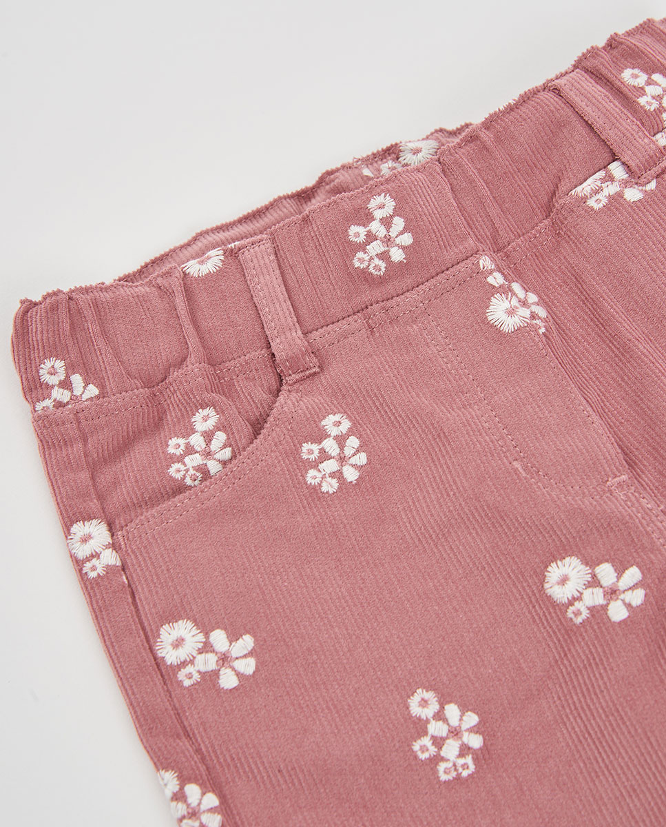 Calças de Microbombazina Infantil de Algodão com Cintura Subida Branco / Rosa-4