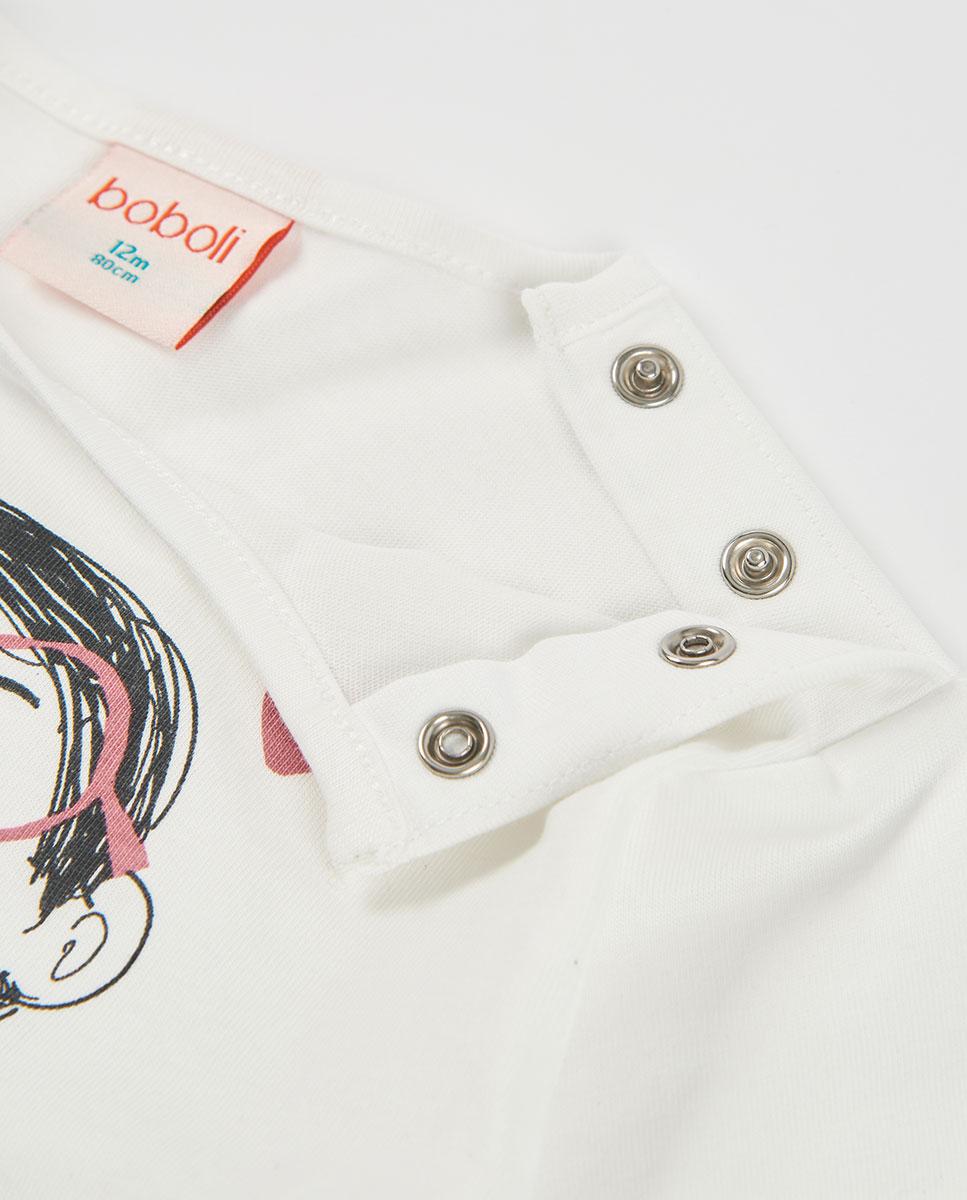 T-shirt Infantil de Algodão de Manga Comprida com Gola Redonda Branco / Rosa-3